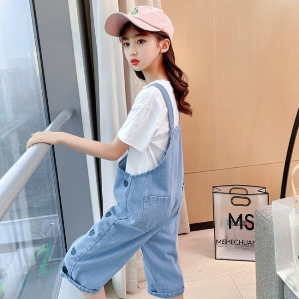White Cotton T Shirt  Denim Bib Suit Two Piece Girls Clothing