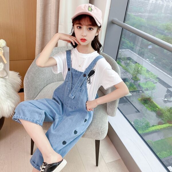 White Cotton T Shirt  Denim Bib Suit Two Piece Girls Clothing