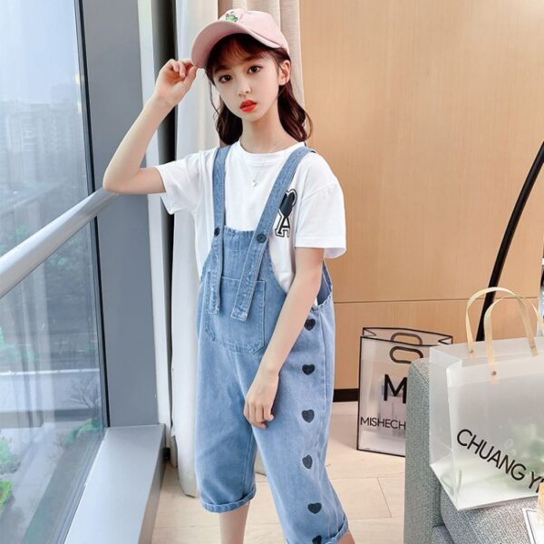 White Cotton T Shirt  Denim Bib Suit Two Piece Girls Clothing