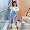 White Cotton T Shirt  Denim Bib Suit Two Piece Girls Clothing