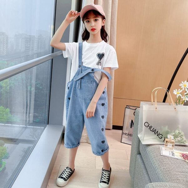 White Cotton T Shirt  Denim Bib Suit Two Piece Girls Clothing