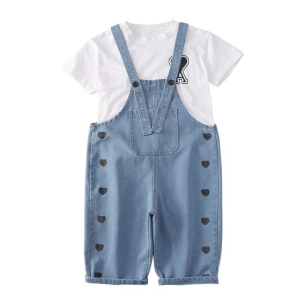 White Cotton T Shirt  Denim Bib Suit Two Piece Girls Clothing